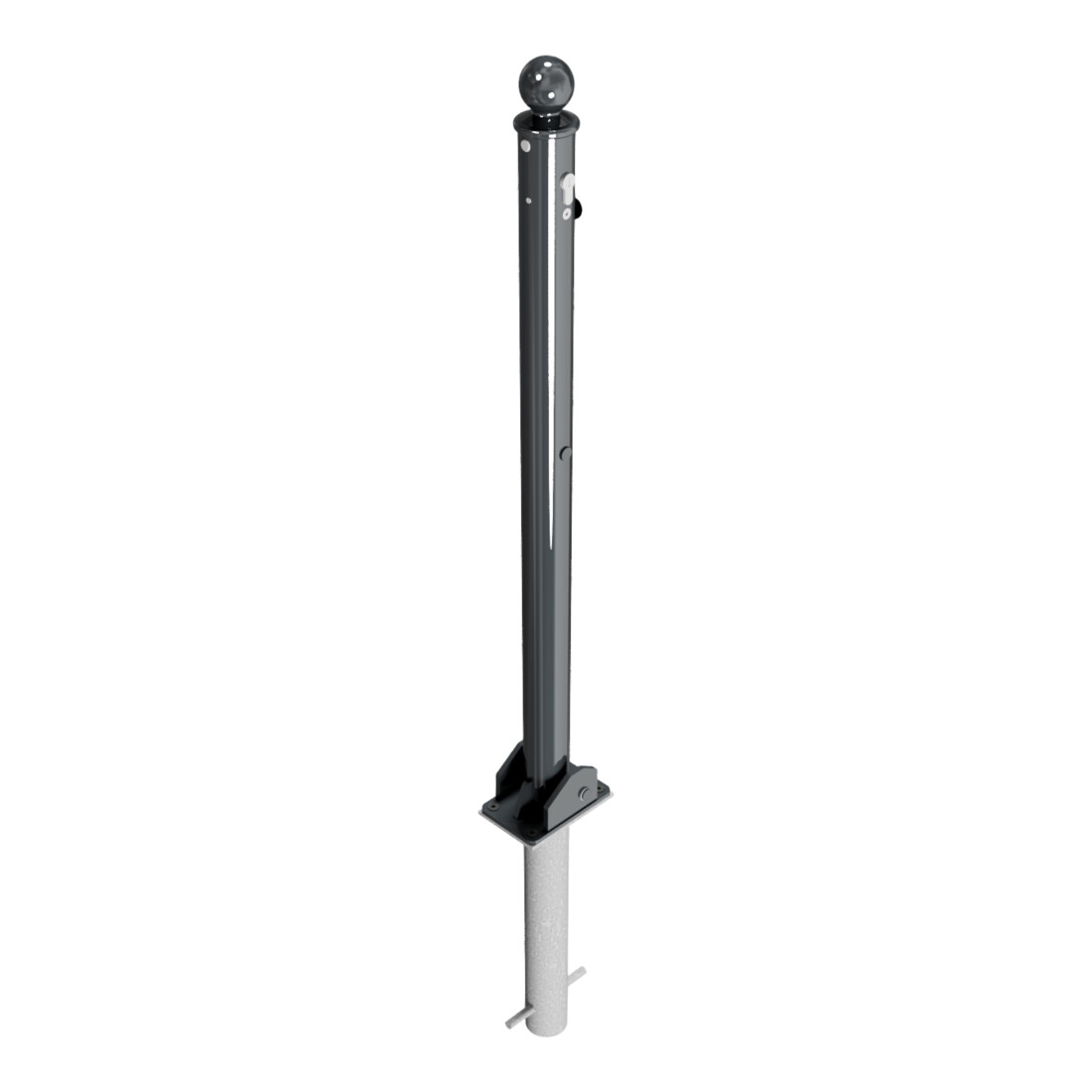 Schake Absperrstilpfosten Typ 465UZHB, umlegbar + Profilzylinder, zum Einbetonieren, Ø 60mm + Kugelkopf, beschichtet,