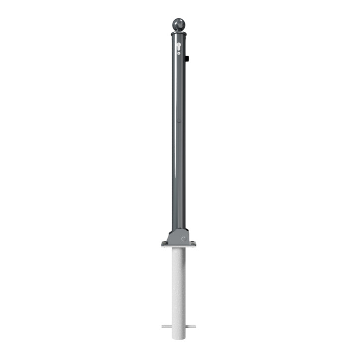 Schake Absperrstilpfosten Typ 465UZHB, umlegbar + Profilzylinder, zum Einbetonieren, Ø 60mm + Kugelkopf, beschichtet,