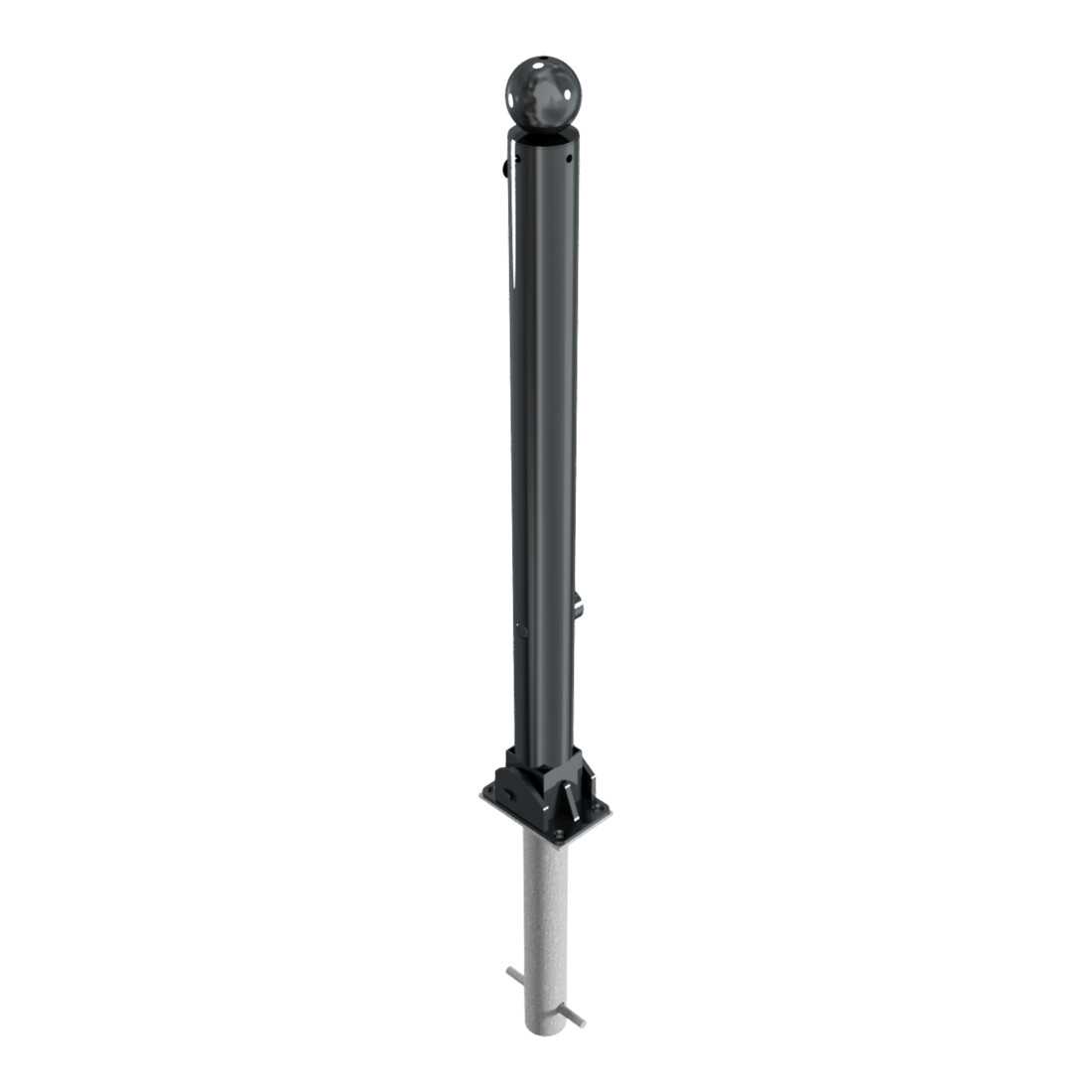 Schake Absperrstilpfosten Typ 475FUHB, umlegbar + Dreikantverschluß, zum Einbetonieren, Ø 76mm + Kugelkopf, beschichtet,