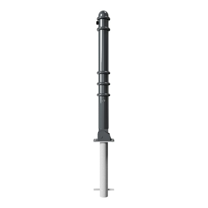 Schake Absperrstilpfosten Typ 479FUHB, umlegbar + Dreikantverschluß, zum Einbetonieren, Ø 76mm + Zierringen,