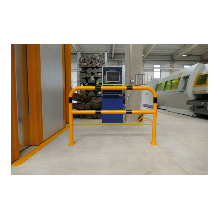 Schake Abweisebügel Ø48mm Breite: 2000mm, Höhe: 1000 mm + Querholm + Bodenplatten zum Aufdübeln, beschichtet, gelb / schwarz