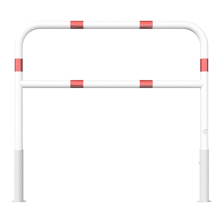 Schake Abweisebügel Ø 60mm, Breite 1500 mm, Höhe Überflur 1000 mm, herausnehmbar + Dreikantverschluß + Querholm + Bodenhülsen, beschichtet, weiß / rot