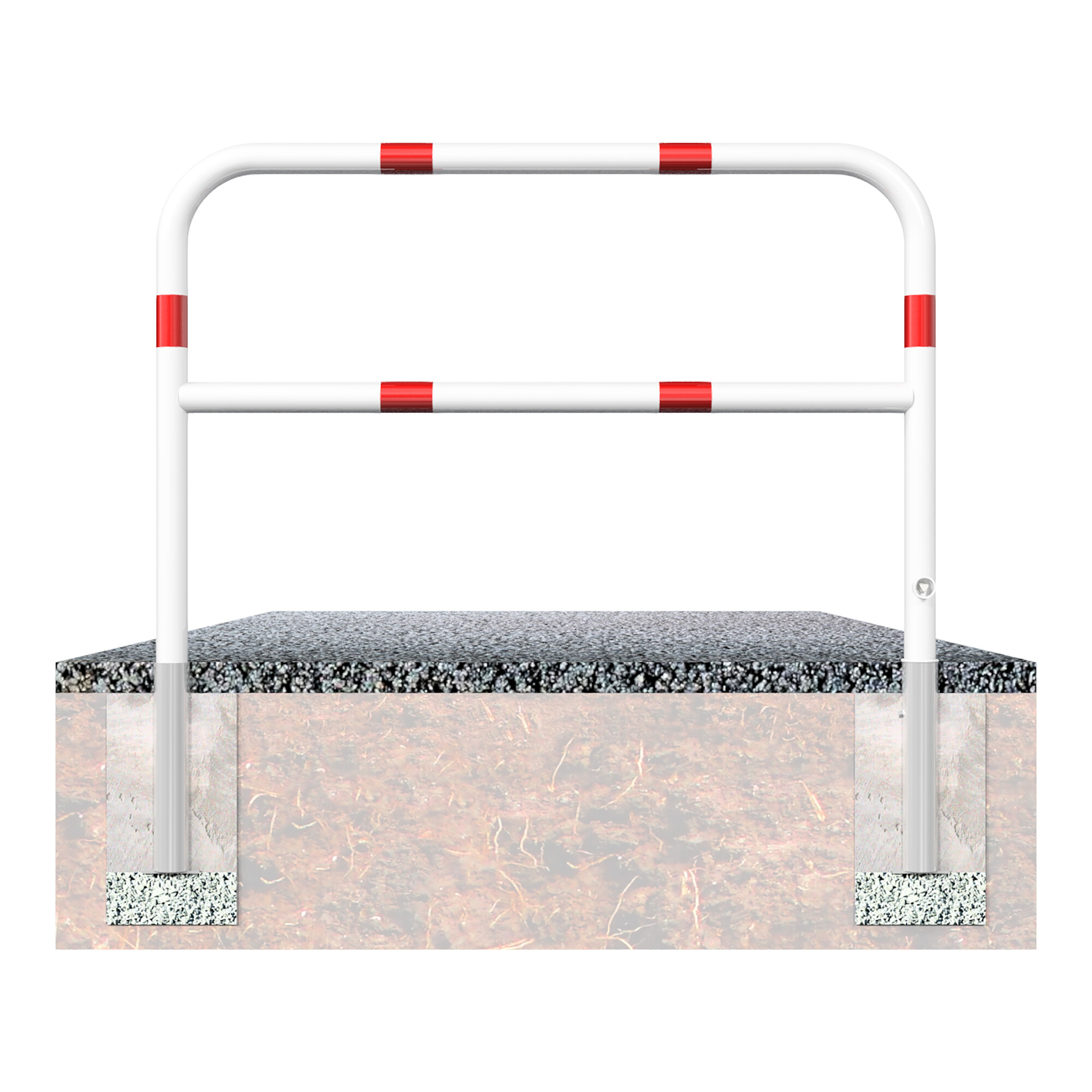 Schake Abweisebügel Ø 60mm, Breite 2000 mm, Höhe Überflur 1000 mm, herausnehmbar + Dreikantverschluß + Querholm + Bodenhülsen, beschichtet, weiß / rot