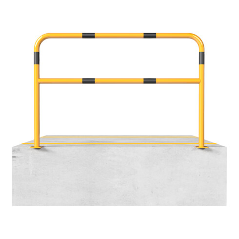 Schake Abweisebügel Ø48mm Breite: 1000mm, Höhe: 1000 mm + Querholm + Bodenplatten zum Aufdübeln, beschichtet, gelb/schwarz