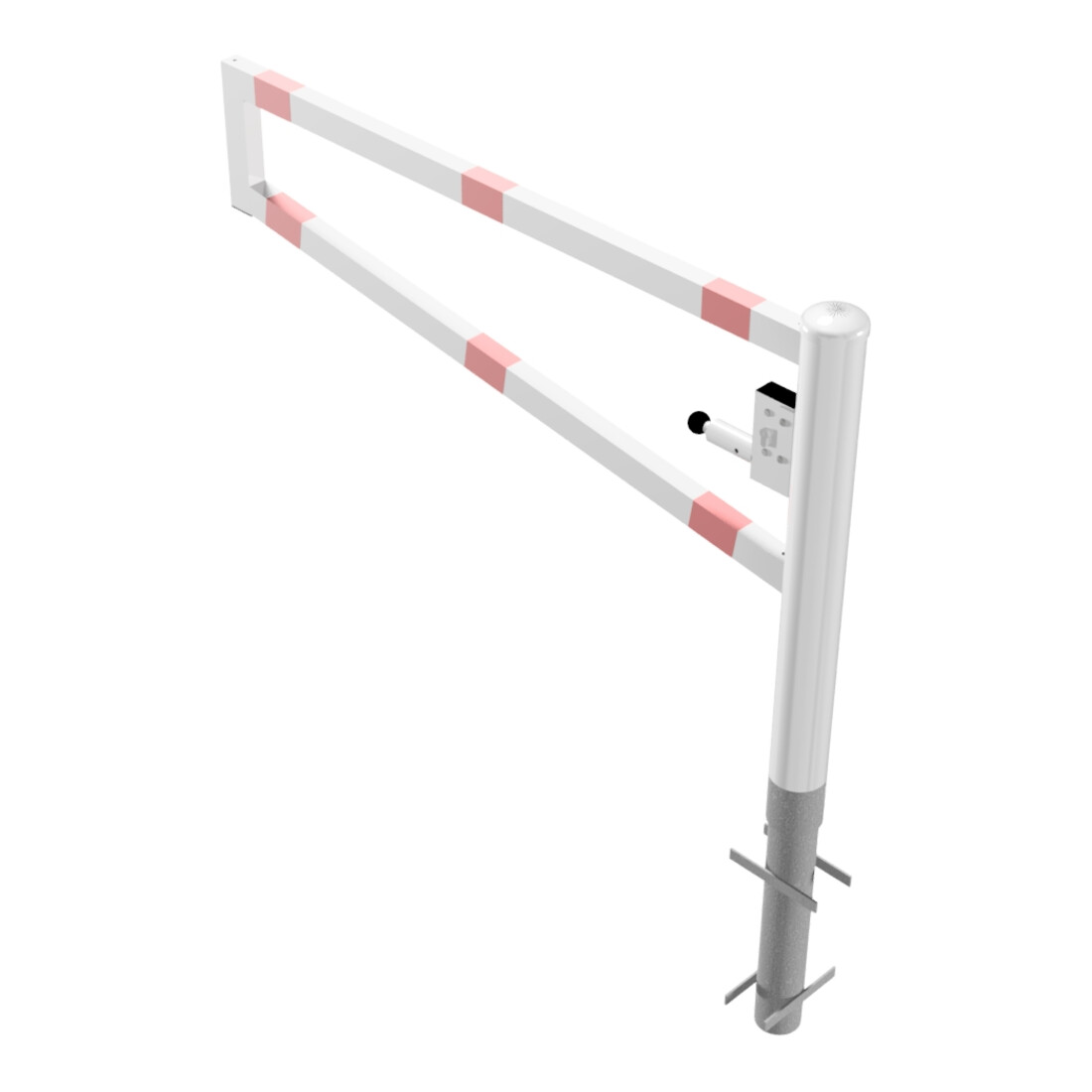 Schake Drehbare Wegesperre + selbsteinrastender Verriegelung 1,50m + Dreikantverschluß Drehpfosten: Ø 102mm, Schrankenarm: 60x40mm, zum Einbetonieren, beschichtet, weiß / rot