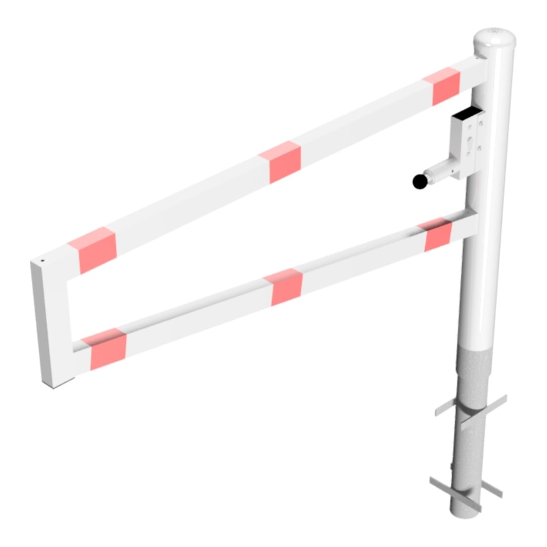 Schake Drehbare Wegesperre + selbsteinrastender Verriegelung 1,50m + Dreikantverschluß Drehpfosten: Ø 102mm, Schrankenarm: 60x40mm, zum Einbetonieren, beschichtet, weiß / rot