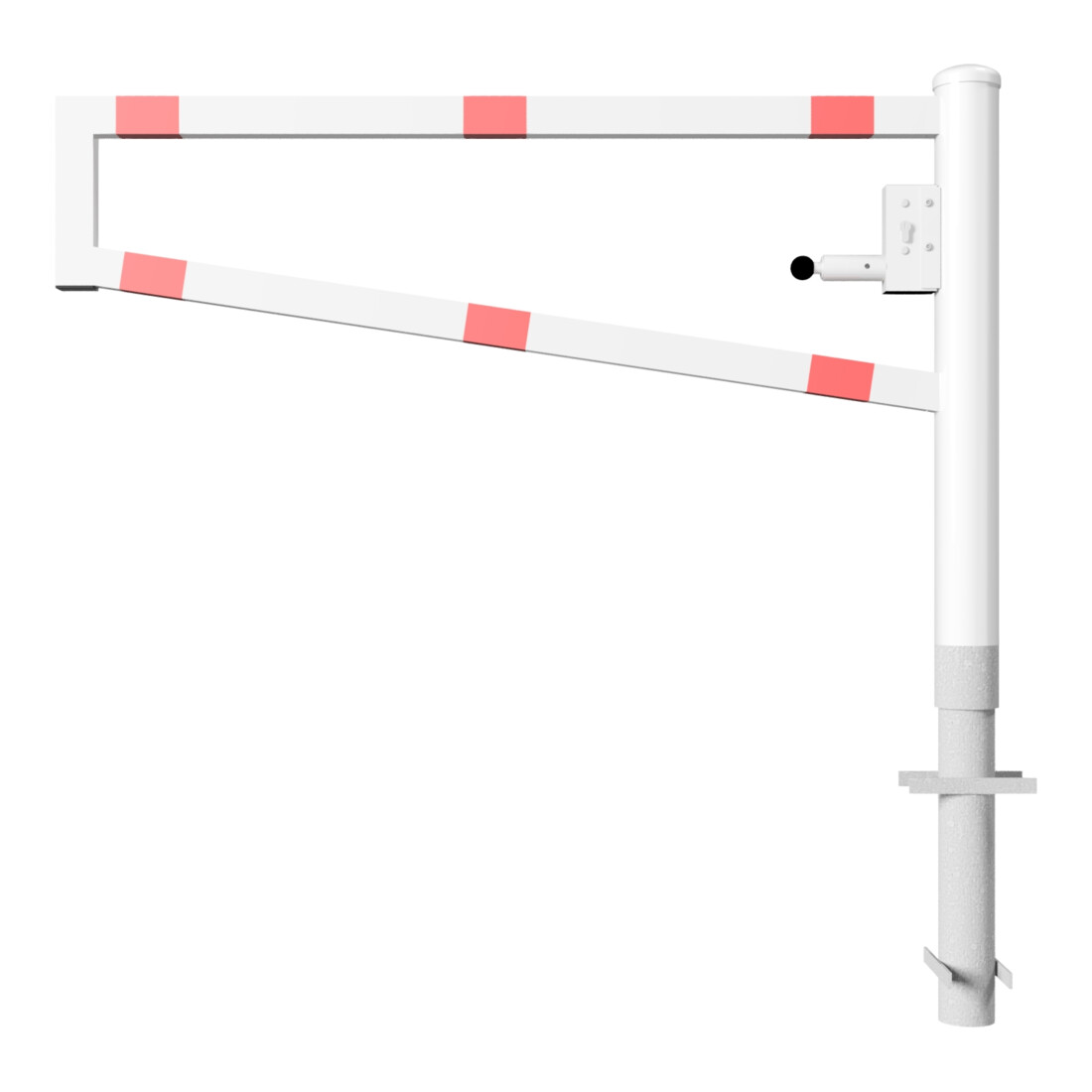 Schake Drehbare Wegesperre + selbsteinrastender Verriegelung 1,50m + Profilzylinder Drehpfosten: Ø 102mm, Schrankenarm: 60x40mm, zum Einbetonieren, beschichtet, weiß / rot