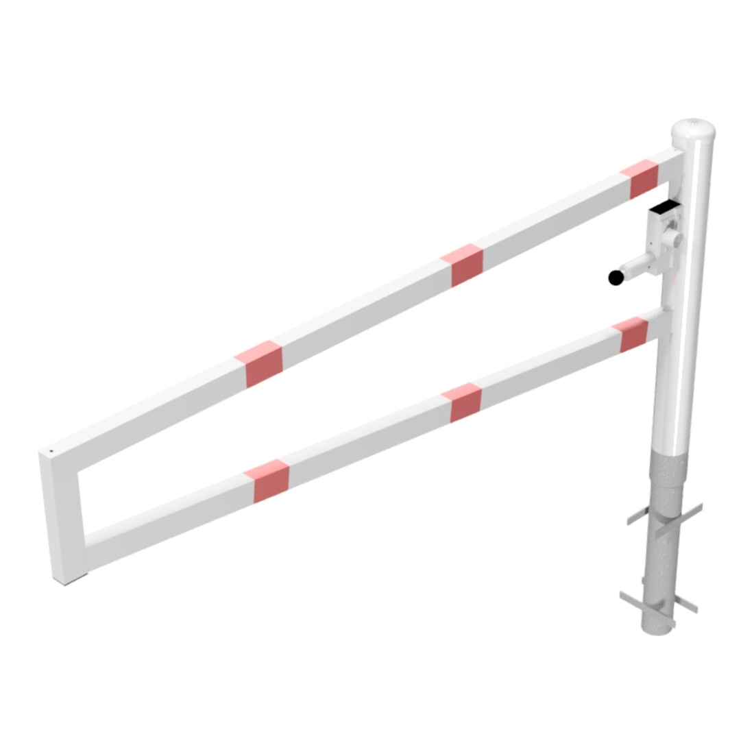 Schake Drehbare Wegesperre + selbsteinrastender Verriegelung 2,00m + Dreikantverschluß Drehpfosten: Ø 102mm, Schrankenarm: 60x40mm, zum Einbetonieren, beschichtet, weiß / rot