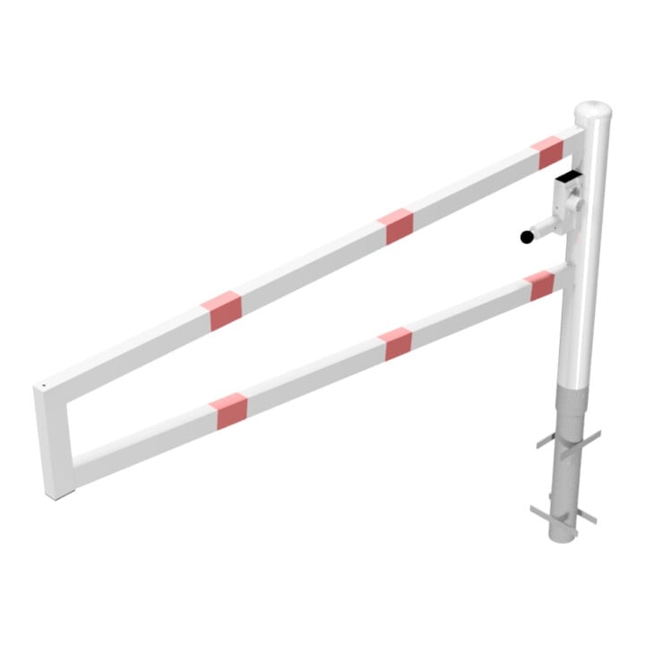 Schake Drehbare Wegesperre + selbsteinrastender Verriegelung 2,00m + Dreikantverschluß Drehpfosten: Ø 102mm, Schrankenarm: 60x40mm, zum Einbetonieren, beschichtet, weiß / rot