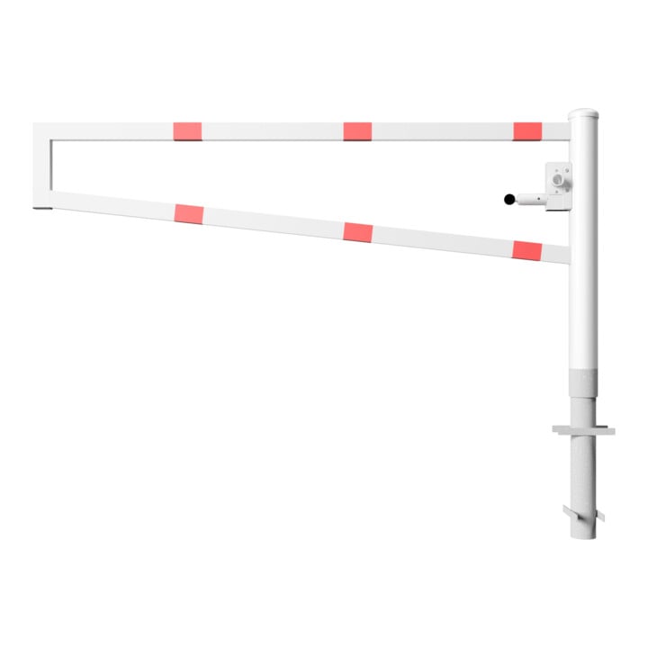 Schake Drehbare Wegesperre + selbsteinrastender Verriegelung 2,00m + Dreikantverschluß Drehpfosten: Ø 102mm, Schrankenarm: 60x40mm, zum Einbetonieren, beschichtet, weiß / rot