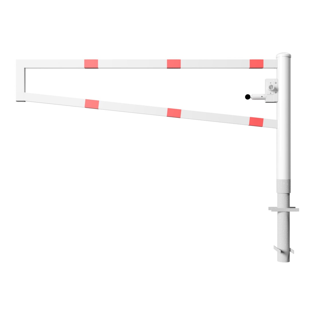 Schake Drehbare Wegesperre + selbsteinrastender Verriegelung 2,00m + Dreikantverschluß Drehpfosten: Ø 102mm, Schrankenarm: 60x40mm, zum Einbetonieren, beschichtet, weiß / rot
