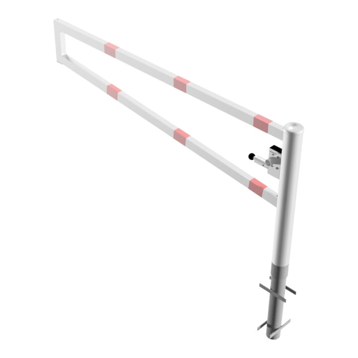 Schake Drehbare Wegesperre + selbsteinrastender Verriegelung 2,00m + Dreikantverschluß Drehpfosten: Ø 102mm, Schrankenarm: 60x40mm, zum Einbetonieren, beschichtet, weiß / rot