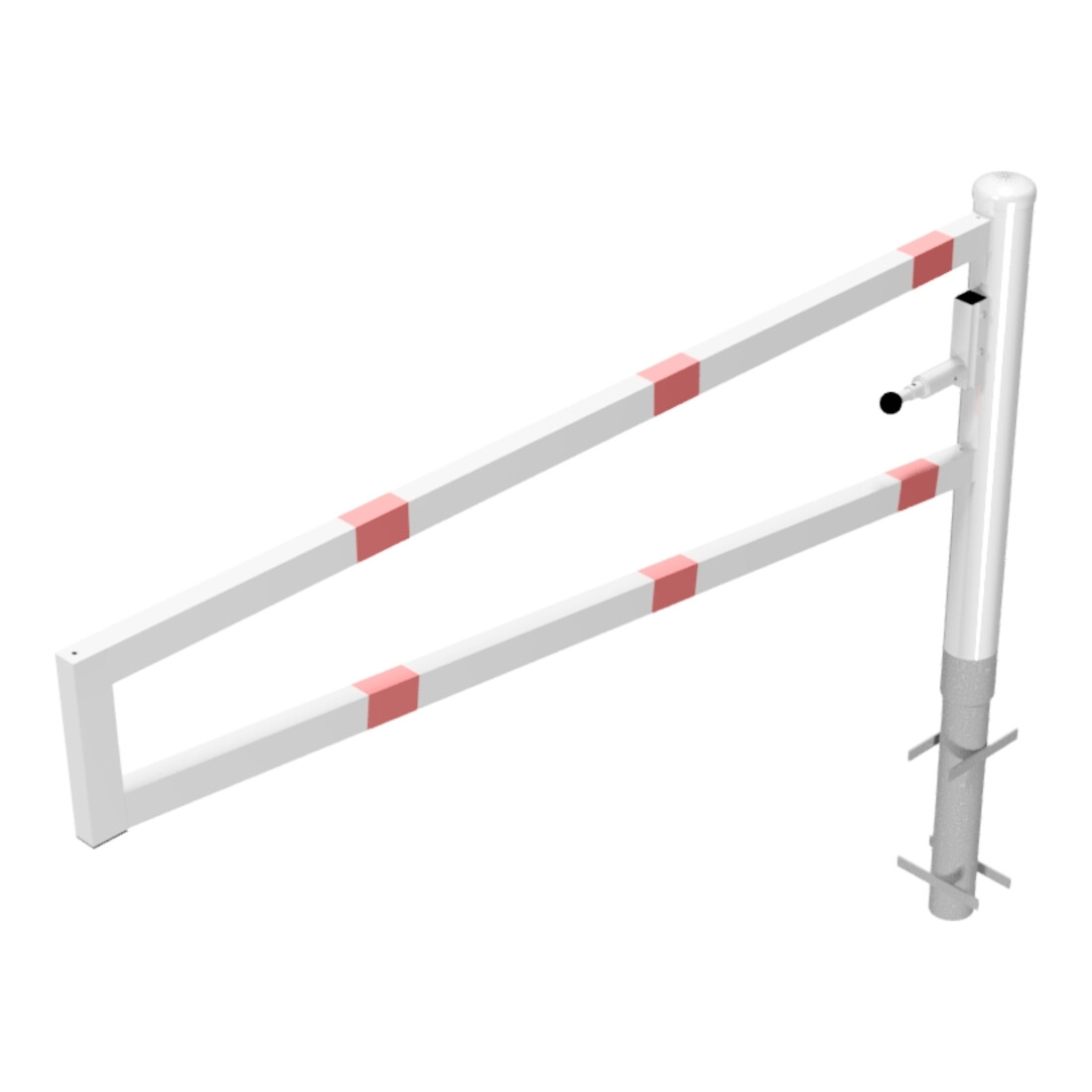 Schake Drehbare Wegesperre + selbsteinrastender Verriegelung 2,00m für Vorhangschloss Drehpfosten: Ø 102mm, Schrankenarm: 60x40mm, zum Einbetonieren, weiß / rot