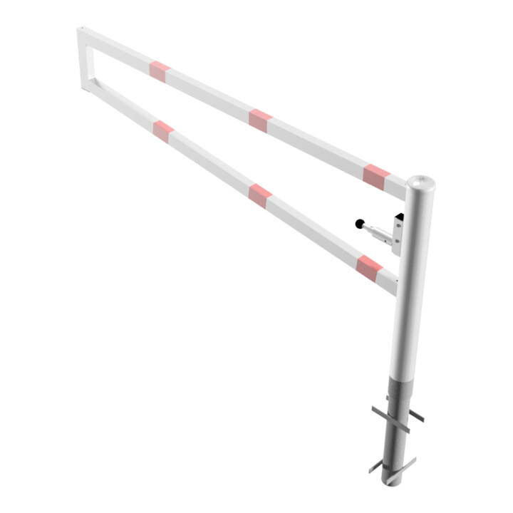 Schake Drehbare Wegesperre + selbsteinrastender Verriegelung 2,00m für Vorhangschloss Drehpfosten: Ø 102mm, Schrankenarm: 60x40mm, zum Einbetonieren, weiß / rot