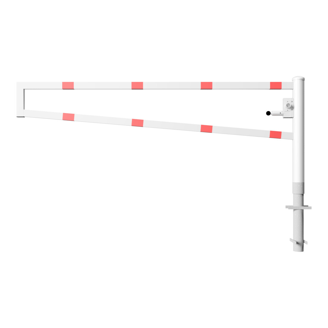Schake Drehbare Wegesperre + selbsteinrastender Verriegelung 2,50m + Dreikantverschluß Drehpfosten: Ø 102mm, Schrankenarm: 60x40mm, zum Einbetonieren, beschichtet, weiß / rot