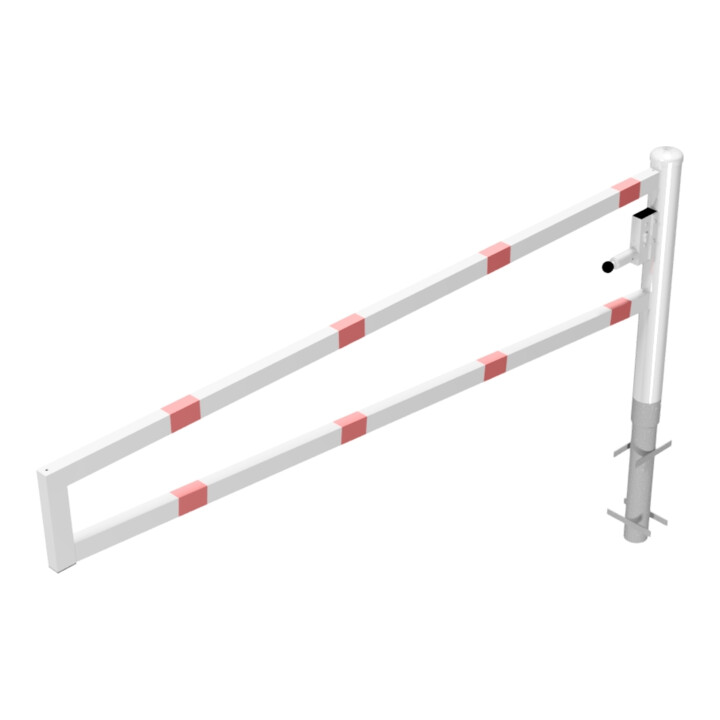 Schake Drehbare Wegesperre + selbsteinrastender Verriegelung 2,50m + Profilzylinder Drehpfosten: Ø 102mm, Schrankenarm: 60x40mm, zum Einbetonieren, beschichtet, weiß / rot