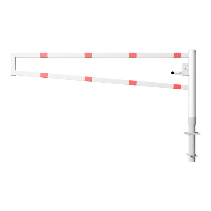 Schake Drehbare Wegesperre + selbsteinrastender Verriegelung 2,50m + Profilzylinder Drehpfosten: Ø 102mm, Schrankenarm: 60x40mm, zum Einbetonieren, beschichtet, weiß / rot