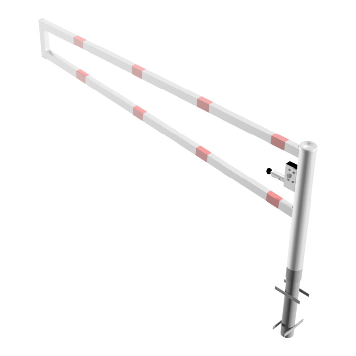Schake Drehbare Wegesperre + selbsteinrastender Verriegelung 2,50m + Profilzylinder Drehpfosten: Ø 102mm, Schrankenarm: 60x40mm, zum Einbetonieren, beschichtet, weiß / rot