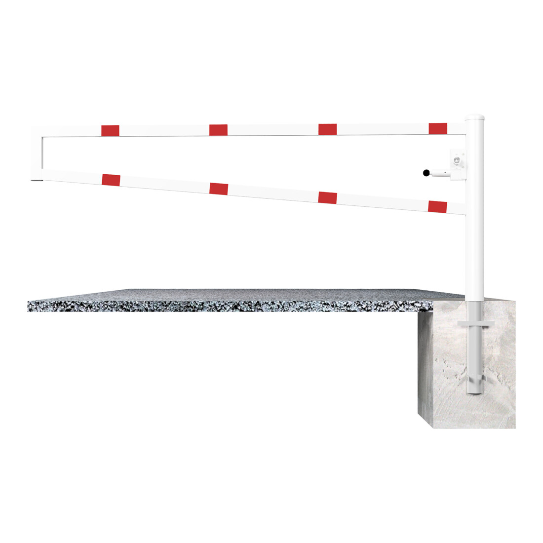 Schake Drehbare Wegesperre + selbsteinrastender Verriegelung 2,50m + Profilzylinder Drehpfosten: Ø 102mm, Schrankenarm: 60x40mm, zum Einbetonieren, feuerverzinkt