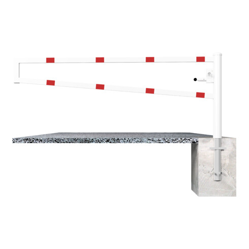 Schake Drehbare Wegesperre + selbsteinrastender Verriegelung 3,00m + Dreikantverschluß Drehpfosten: Ø 102mm, Schrankenarm: 60x40mm, zum Einbetonieren, beschichtet, weiß / rot