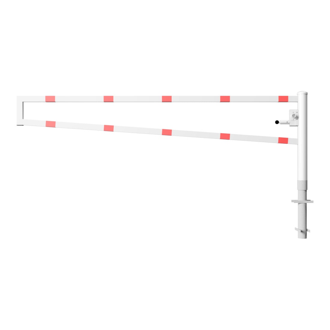 Schake Drehbare Wegesperre + selbsteinrastender Verriegelung 3,00m + Dreikantverschluß Drehpfosten: Ø 102mm, Schrankenarm: 60x40mm, zum Einbetonieren, beschichtet, weiß / rot