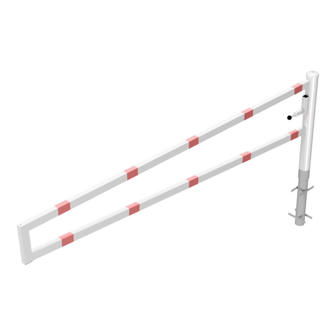 Schake Drehbare Wegesperre + selbsteinrastender Verriegelung 3,00m für Vorhangschloss Drehpfosten: Ø 102mm, Schrankenarm: 60x40mm, zum Einbetonieren, weiß / rot