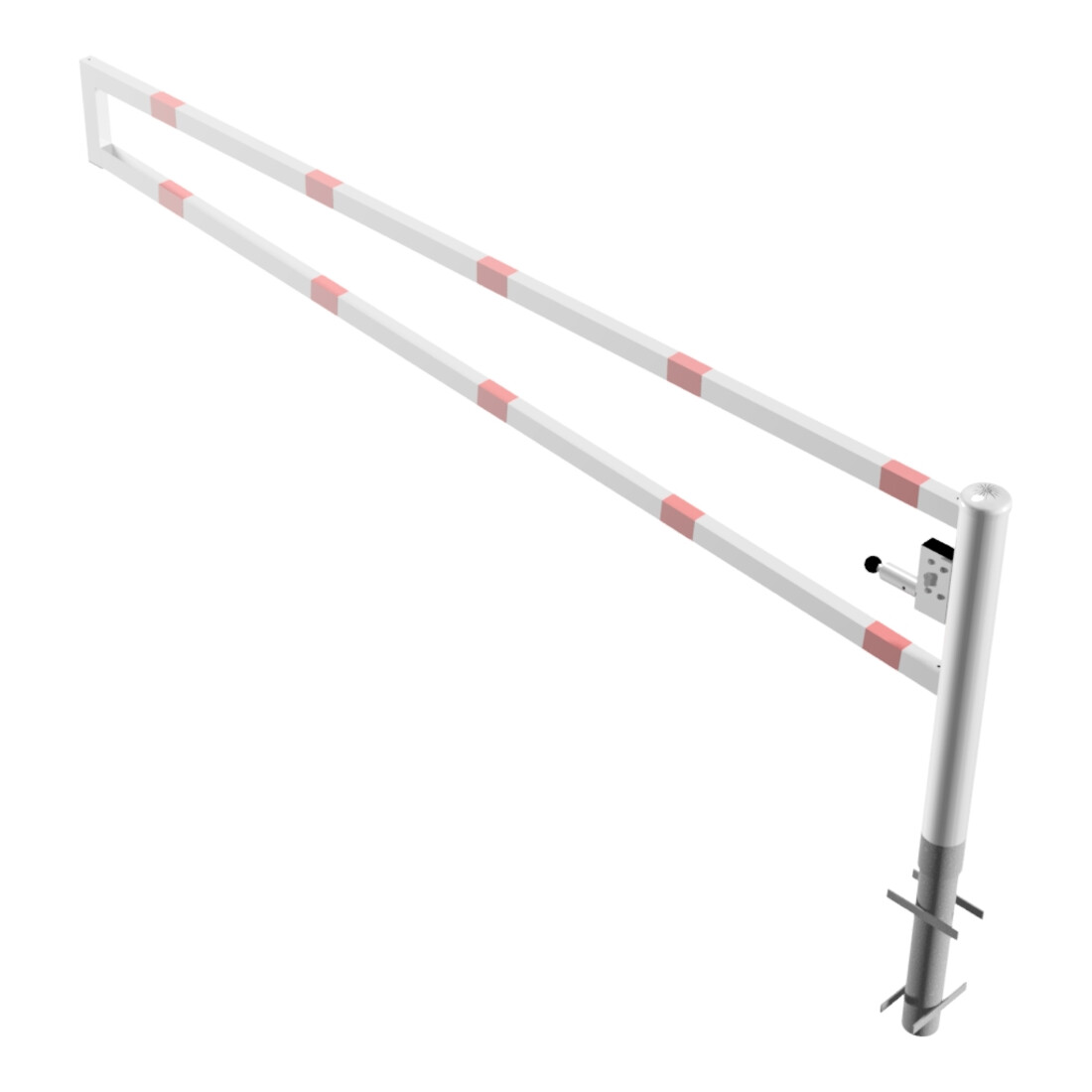 Schake Drehbare Wegesperre + selbsteinrastender Verriegelung 3,00m + Profilzylinder Drehpfosten: Ø 102mm, Schrankenarm: 60x40mm, zum Einbetonieren, beschichtet, weiß / rot