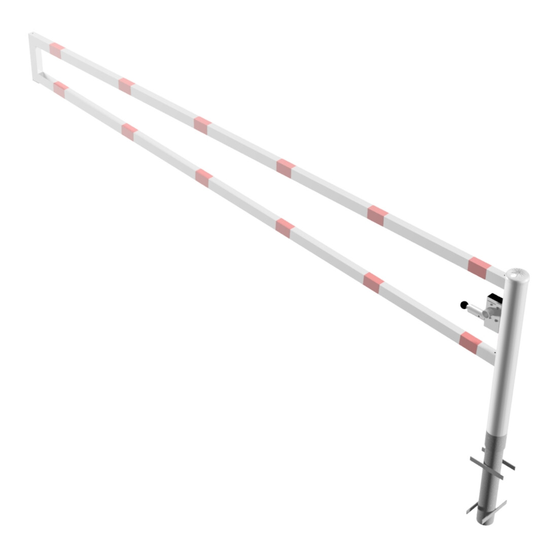 Schake Drehbare Wegesperre + selbsteinrastender Verriegelung 3,50m + Dreikantverschluß Drehpfosten: Ø 102mm, Schrankenarm: 60x40mm, zum Einbetonieren, beschichtet, weiß / rot