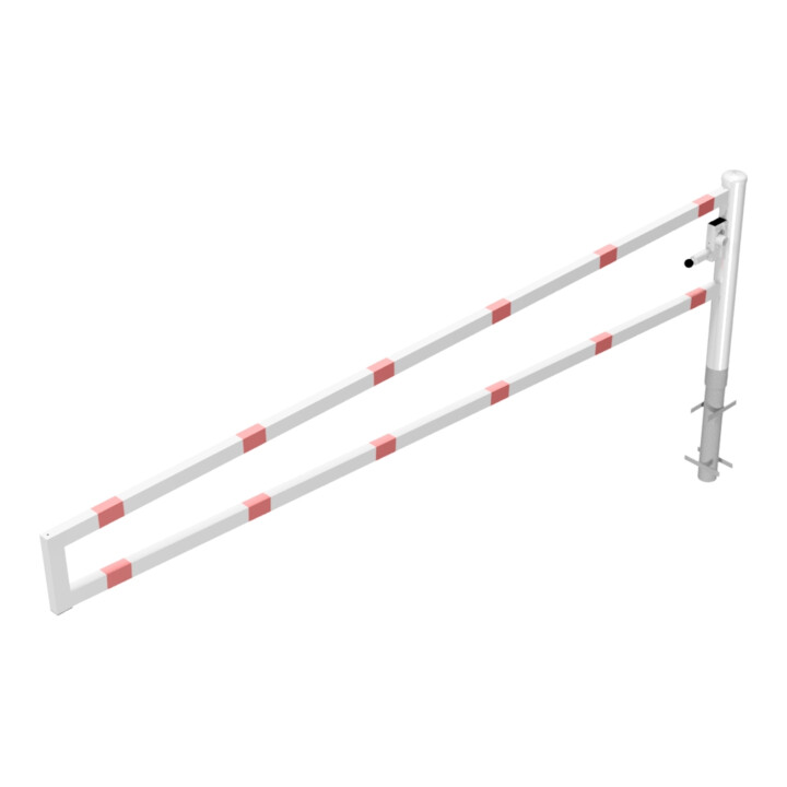 Schake Drehbare Wegesperre + selbsteinrastender Verriegelung 3,50m + Dreikantverschluß Drehpfosten: Ø 102mm, Schrankenarm: 60x40mm, zum Einbetonieren, beschichtet, weiß / rot
