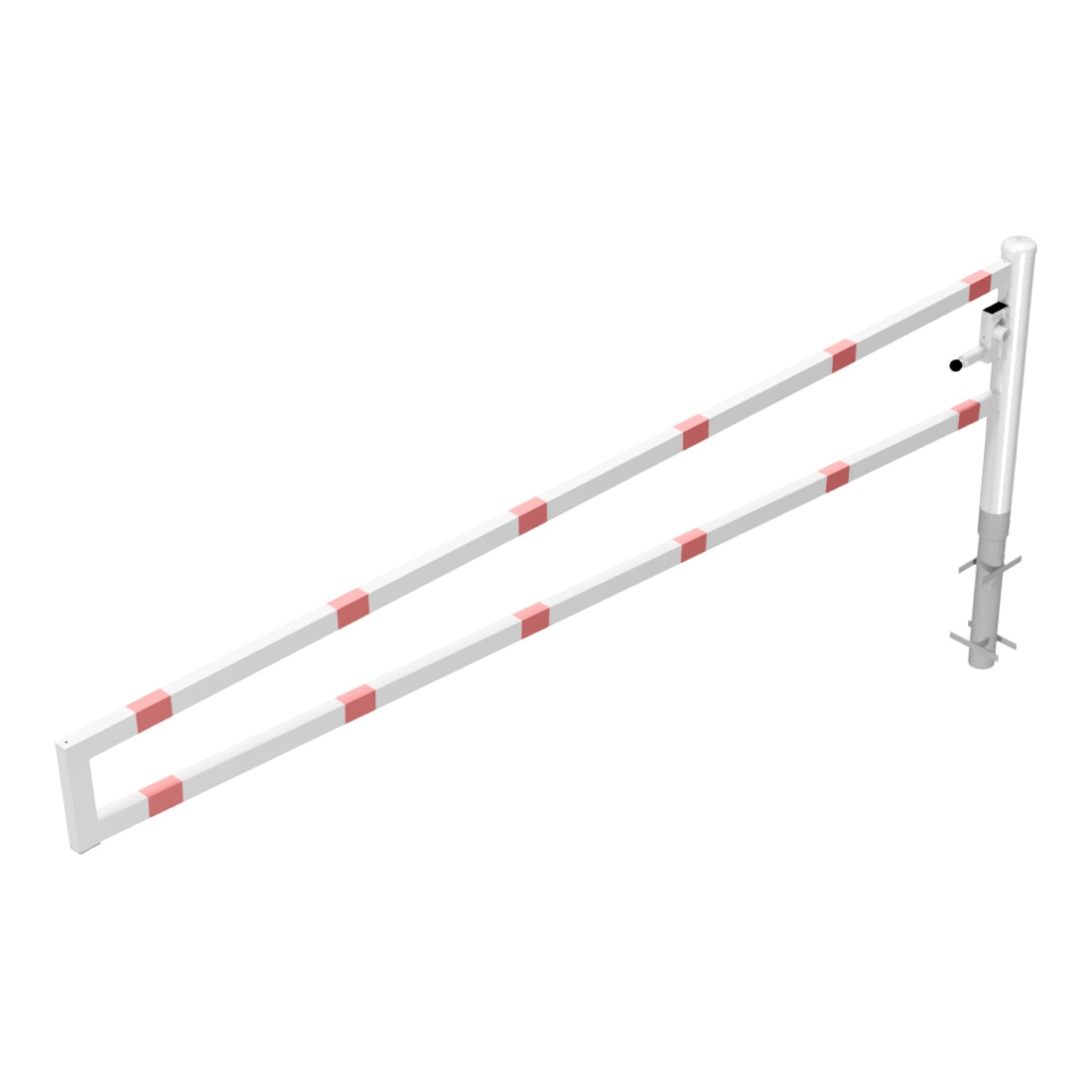 Schake Drehbare Wegesperre + selbsteinrastender Verriegelung 3,50m + Dreikantverschluß Drehpfosten: Ø 102mm, Schrankenarm: 60x40mm, zum Einbetonieren, beschichtet, weiß / rot