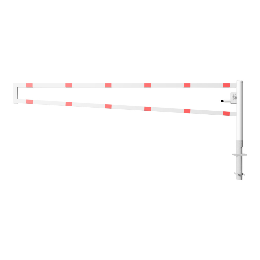 Schake Drehbare Wegesperre + selbsteinrastender Verriegelung 3,50m + Dreikantverschluß Drehpfosten: Ø 102mm, Schrankenarm: 60x40mm, zum Einbetonieren, beschichtet, weiß / rot