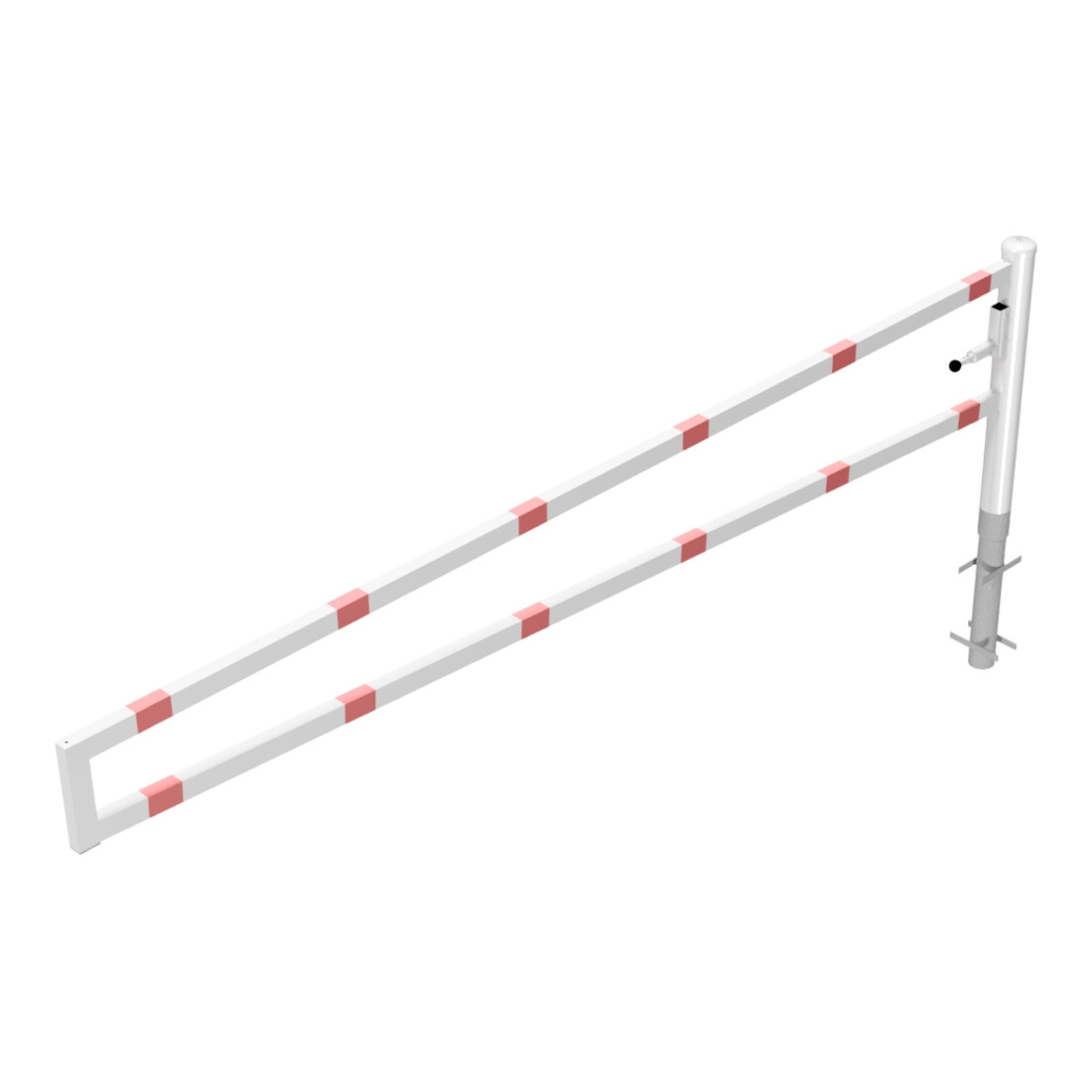 Schake Drehbare Wegesperre + selbsteinrastender Verriegelung 3,50m für Vorhangschloss Drehpfosten: Ø 102mm, Schrankenarm: 60x40mm, zum Einbetonieren, weiß / rot