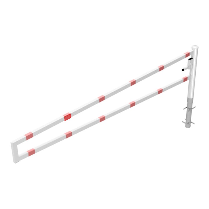 Schake Drehbare Wegesperre + selbsteinrastender Verriegelung 3,50m + Profilzylinder Drehpfosten: Ø 102mm, Schrankenarm: 60x40mm, zum Einbetonieren, beschichtet, weiß / rot
