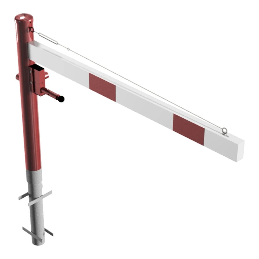 Schake Drehschranke 1,50m + Dreikantverschluss + Seilzugverstärkung, Drehpfosten: Ø 102mm, rot (RAL 3001) Schrankenarm: Aluminiumrohr 100x50mm, weiß / rot zum Einbetonieren
