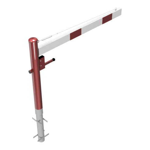 Schake Drehschranke 1,50m + Dreikantverschluss + Seilzugverstärkung, Drehpfosten: Ø 102mm, rot (RAL 3001) Schrankenarm: Aluminiumrohr 100x50mm, weiß / rot zum Einbetonieren