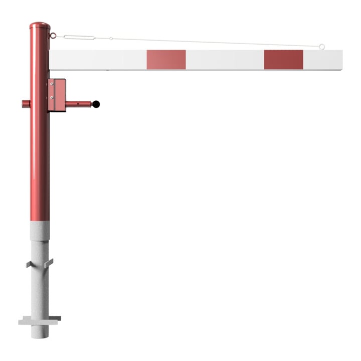 Schake Drehschranke 1,50m + Dreikantverschluss + Seilzugverstärkung, Drehpfosten: Ø 102mm, rot (RAL 3001) Schrankenarm: Aluminiumrohr 100x50mm, weiß / rot zum Einbetonieren