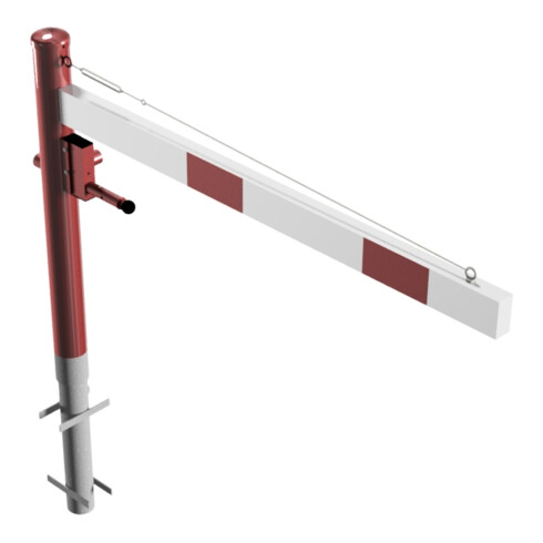 Schake Drehschranke 1,50m + Dreikantverschluss + Seilzugverstärkung, Drehpfosten: Ø 102mm, rot (RAL 3001) Schrankenarm: Aluminiumrohr 100x50mm, weiß / rot zum Einbetonieren