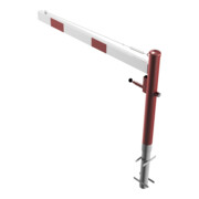 Schake Drehschranke 1,50m, für Vorhangschloss + Seilzugverstärkung, Drehpfosten: Ø 102mm, rot (RAL 3001) Schrankenarm: Aluminiumrohr 100x50mm, weiß / rot zum Einbetonieren-2