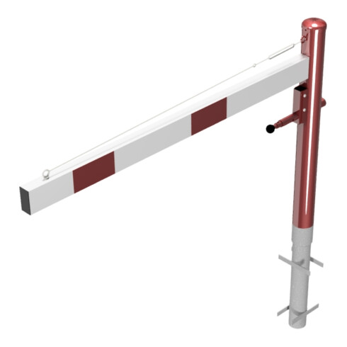 Schake Drehschranke 1,50m, für Vorhangschloss + Seilzugverstärkung, Drehpfosten: Ø 102mm, rot (RAL 3001) Schrankenarm: Aluminiumrohr 100x50mm, weiß / rot zum Einbetonieren