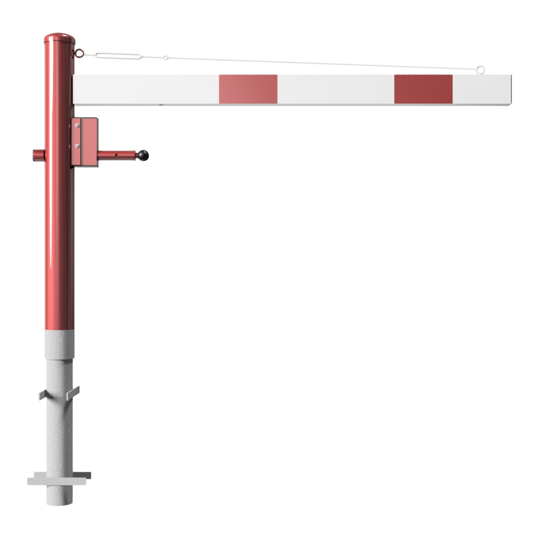 Schake Drehschranke 1,50m + Profilzylinderschloss + Seilzugverstärkung, Drehpfosten: Ø 102mm, rot (RAL 3001) Schrankenarm: Aluminiumrohr 100x50mm, weiß / rot zum Einbetonieren