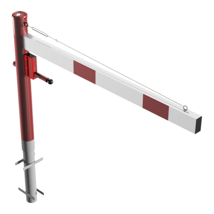 Schake Drehschranke 1,50m + Profilzylinderschloss + Seilzugverstärkung, Drehpfosten: Ø 102mm, rot (RAL 3001) Schrankenarm: Aluminiumrohr 100x50mm, weiß / rot zum Einbetonieren