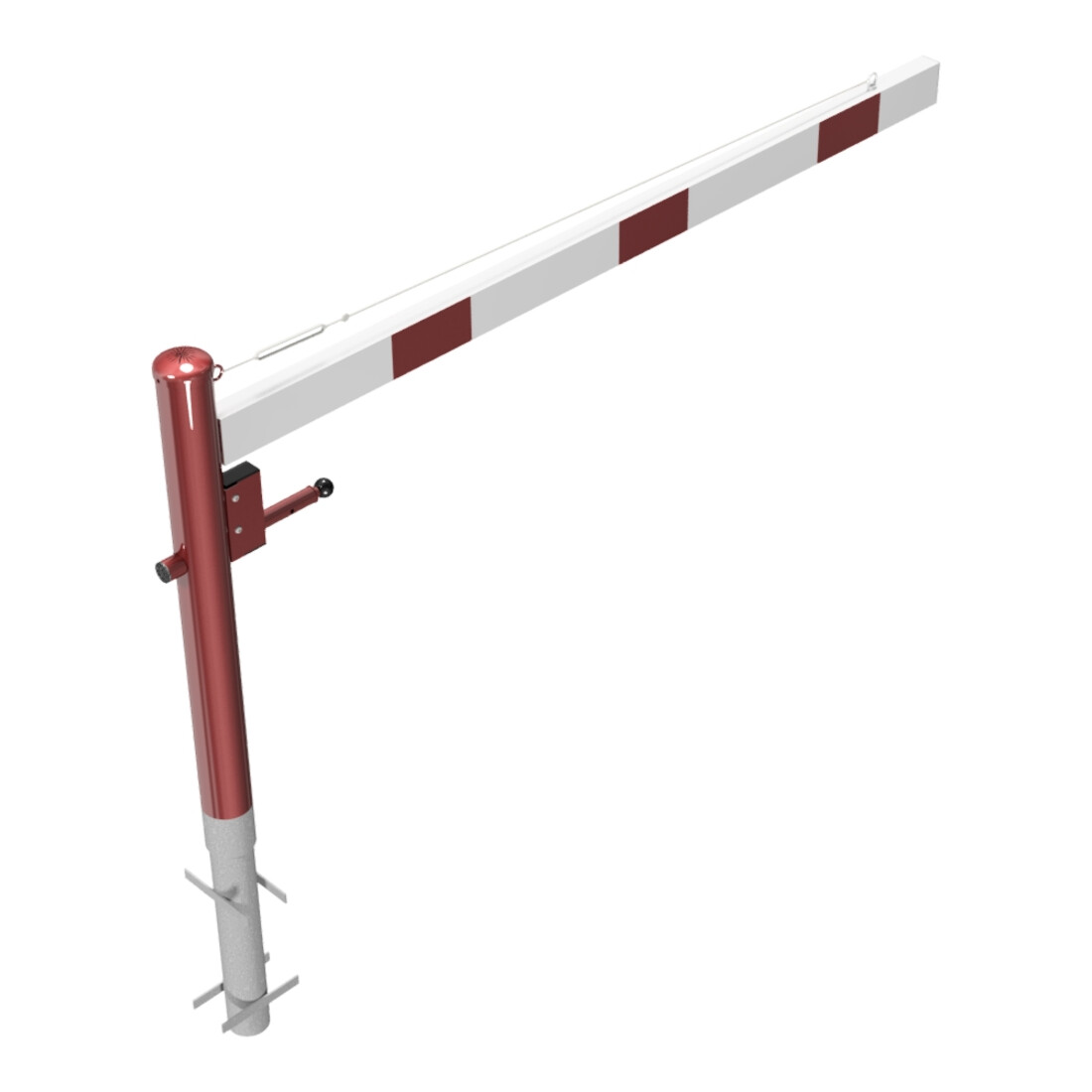Schake Drehschranke 2,00m + Dreikantverschluss + Seilzugverstärkung, Drehpfosten: Ø 102mm, rot (RAL 3001) Schrankenarm: Aluminiumrohr 100x50mm, weiß / rot zum Einbetonieren