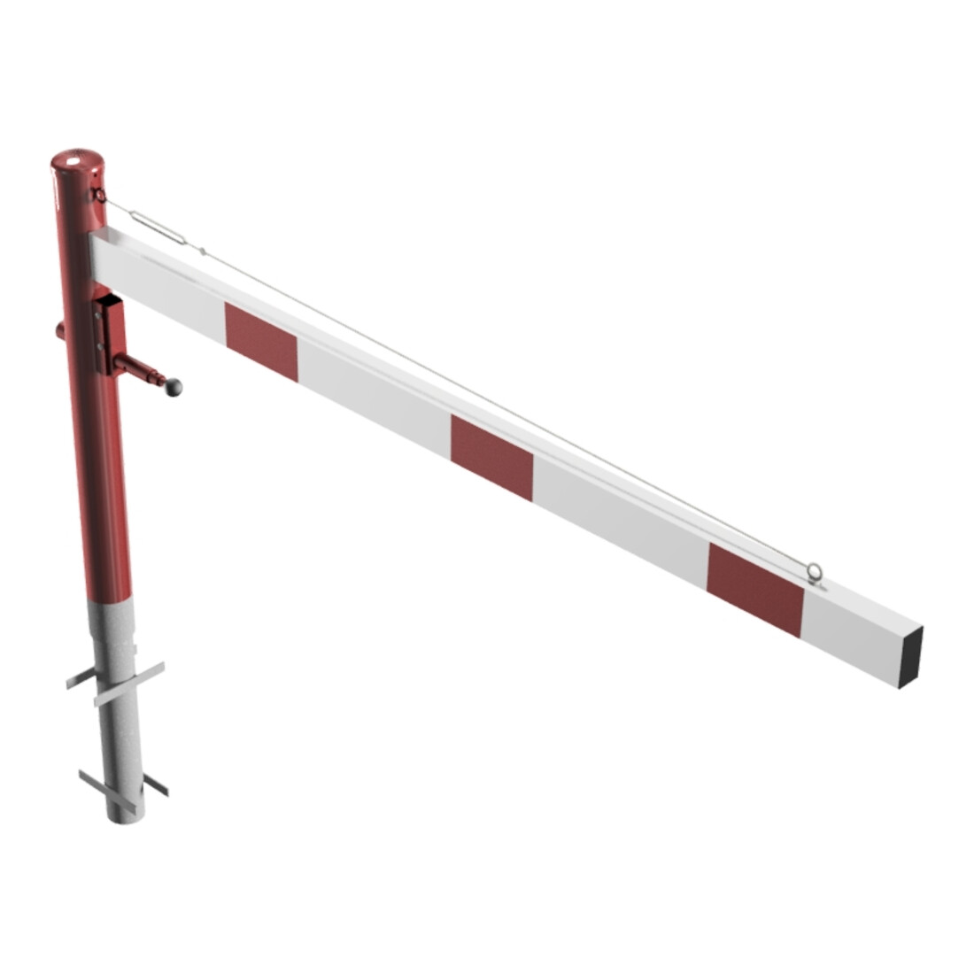 Schake Drehschranke 2,00m, für Vorhangschloss + Seilzugverstärkung, Drehpfosten: Ø 102mm, rot (RAL 3001) Schrankenarm: Aluminiumrohr 100x50mm, weiß / rot zum Einbetonieren