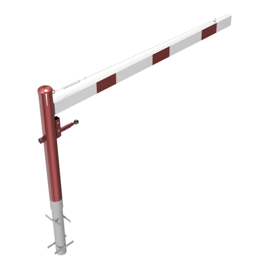 Schake Drehschranke 2,00m, für Vorhangschloss + Seilzugverstärkung, Drehpfosten: Ø 102mm, rot (RAL 3001) Schrankenarm: Aluminiumrohr 100x50mm, weiß / rot zum Einbetonieren