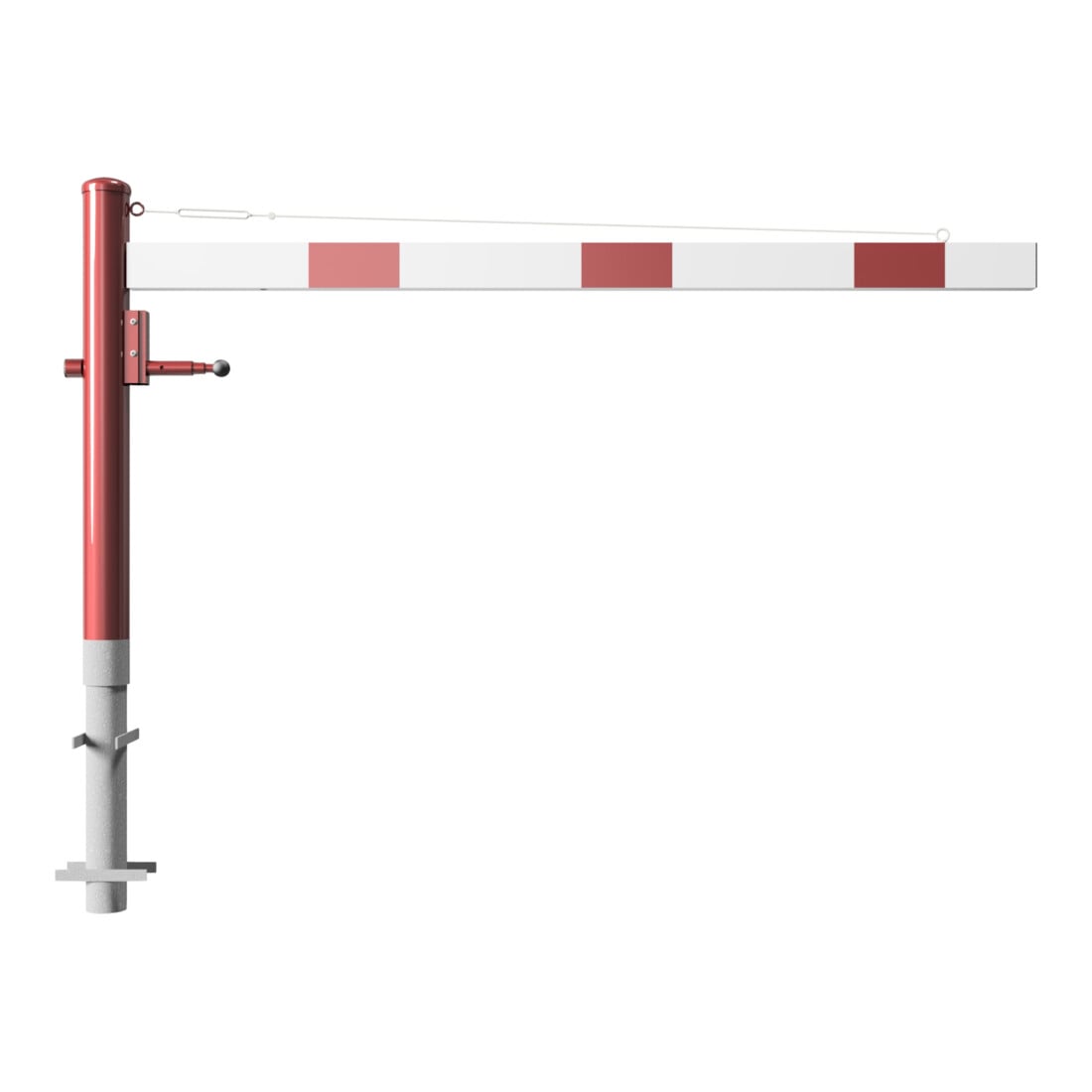 Schake Drehschranke 2,00m, für Vorhangschloss + Seilzugverstärkung, Drehpfosten: Ø 102mm, rot (RAL 3001) Schrankenarm: Aluminiumrohr 100x50mm, weiß / rot zum Einbetonieren