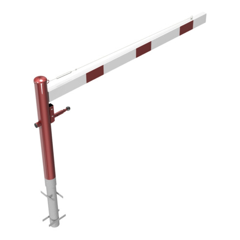 Schake Drehschranke 2,00m, für Vorhangschloss + Seilzugverstärkung, Drehpfosten: Ø 102mm, rot (RAL 3001) Schrankenarm: Aluminiumrohr 100x50mm, weiß / rot zum Einbetonieren