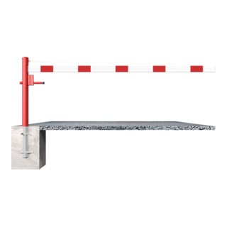 Schake Drehschranke 2,00m, für Vorhangschloss + Seilzugverstärkung, Drehpfosten: Ø 102mm, rot (RAL 3001) Schrankenarm: Aluminiumrohr 100x50mm, weiß / rot zum Einbetonieren
