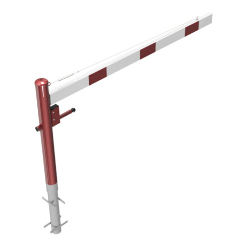 Schake Drehschranke 2,00m + Profilzylinderschloss + Seilzugverstärkung, Drehpfosten: Ø 102mm, rot (RAL 3001) Schrankenarm: Aluminiumrohr 100x50mm, weiß / rot zum Einbetonieren