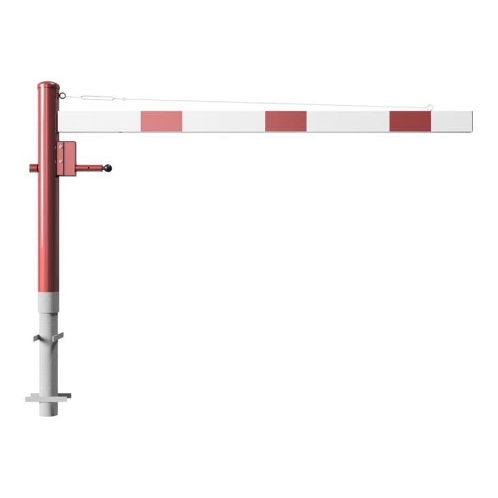 Schake Drehschranke 2,00m + Profilzylinderschloss + Seilzugverstärkung, Drehpfosten: Ø 102mm, rot (RAL 3001) Schrankenarm: Aluminiumrohr 100x50mm, weiß / rot zum Einbetonieren