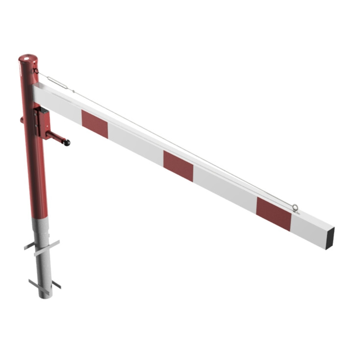 Schake Drehschranke 2,00m + Profilzylinderschloss + Seilzugverstärkung, Drehpfosten: Ø 102mm, rot (RAL 3001) Schrankenarm: Aluminiumrohr 100x50mm, weiß / rot zum Einbetonieren